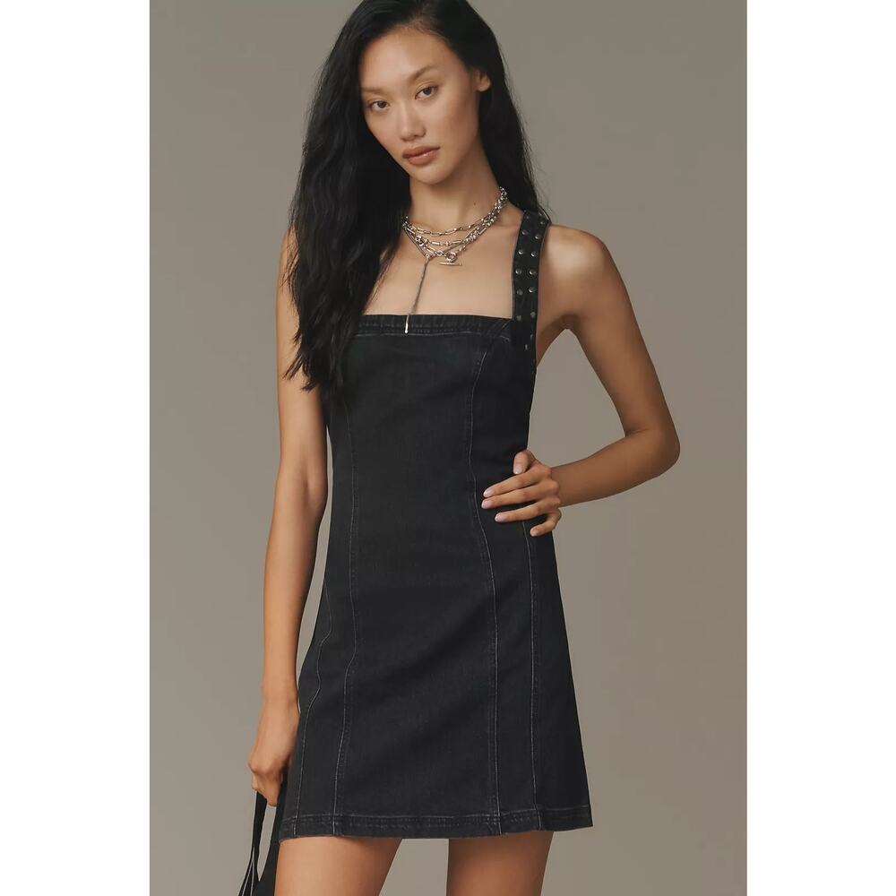 New Anthropologie Pilcro Studded Square-Neck Denim Mini Dress $158 LARGE D Grey